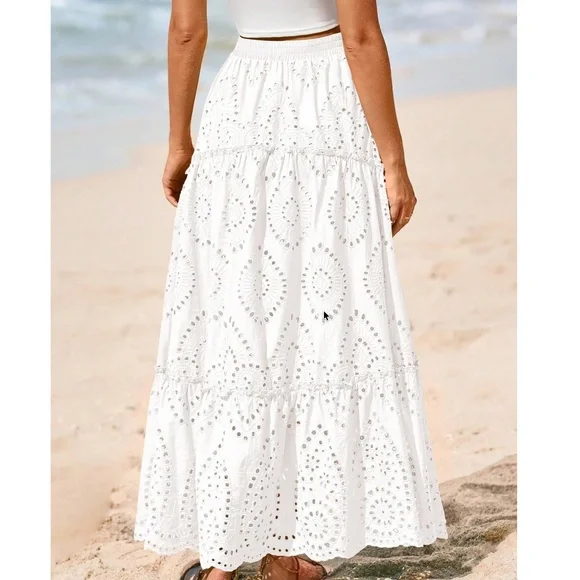 Boho Royal Blue Eyelet Stretchy waist Lined Maxi Skirt - Picture 11 of 12